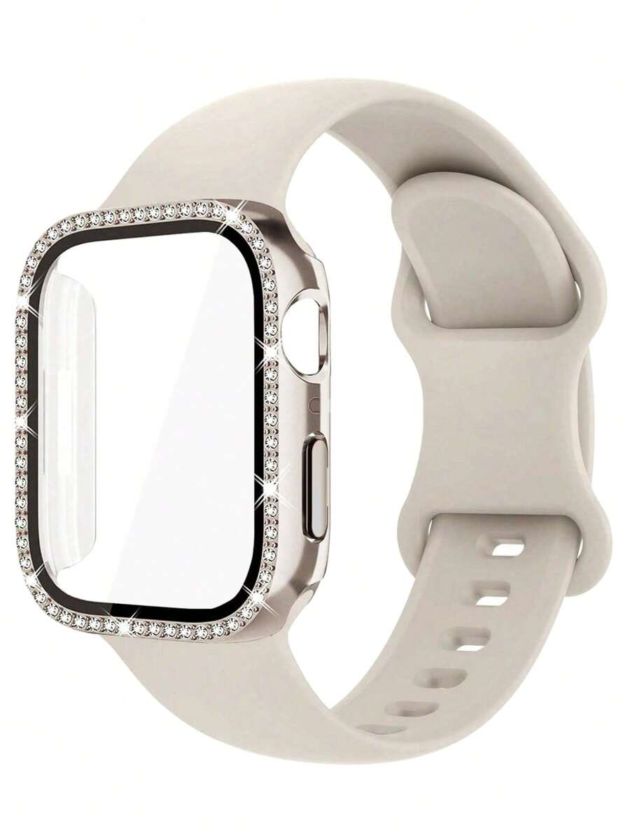 2 Stück/Set Sternenlicht Farbe Herren Damen modische weiche bequeme verstellbare Silikon Sport Armband & Strass Dekor Anti-Sturz 2 in 1 Ultra-dünne gehärtete Glas Bildschirmschutz Hülle, kompatibel mit Apple Watch Armband 38/40/41/42/44/45/46/49mm, für Apple Watch Series Ultra/SE/11/10/9/8/7/6/5/4/3/2/1, intelligentes Uhr Zubehör - Sternenlichtfarbe - Übersicht 1