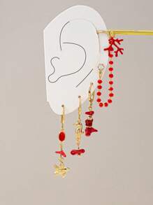 4 pièces Set de boucles d'oreilles d'été en forme d'étoile de mer, style plage. Boucles d'oreilles hippie en forme d'hippocampe et de corail, de couleur rouge. Boucles d'oreilles de vacances