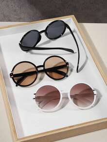 3副女士亚克力圆形镜框休闲时尚眼镜，适合度假、户外活动和节日礼物 - 3pcs(黑灰+黑茶+白) - 查看 3