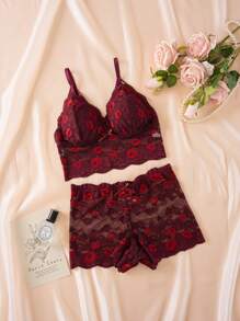 Set de 3 piezas Ropa interior de mujer con encaje francés romántico y sexy, que incluye sujetador sin aros con espalda descubierta y camiseta