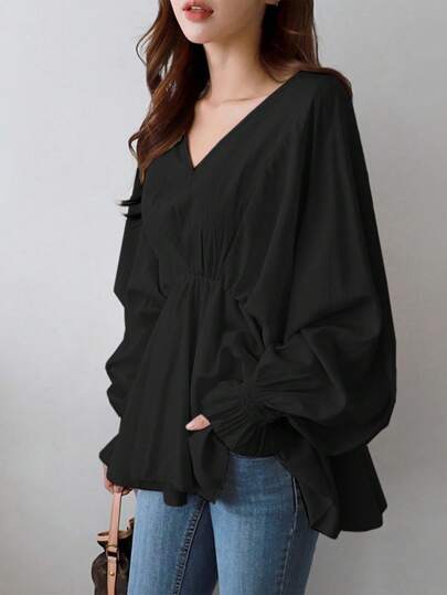 Plus-Size Women's Daily Simple V-Neck Asymmetrical Shirts In Spring And Summer Women's Loose Pleated Waist Shirts Casual Lantern Sleeves Women's Long-Sleeved Shirts
