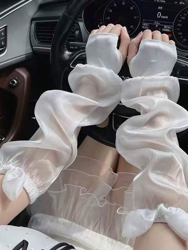 1 para jedwabnych perłowych, słodkich bufiastych rękawów, swobodnych, bezrękawnikowych, przeciwsłonecznych, jednolitych kolorów, lekkich, poliestrowych włókien, odpowiednich na wiosnę/lato