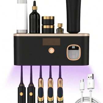 1 Pc Intelligent Toothbrush Sterilizer With Toothpaste Dispenser Wall-Mounted Toothbrush Holder, Toothbrush Rack And Sterilizer, Toothbrush Organizer With 5 Slots, Bathroom Accessory, Home Decor Back To School
