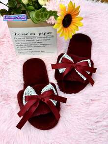 女士平底蝴蝶结蕾丝露趾毛绒拖鞋，粉色拖鞋，酒红色拖鞋 - 酒紅色 - 查看 3