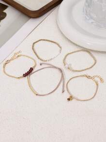 Juego de 5 pulseras elegantes ajustables con cuentas falsas de perla en capas, cuentas de cristal artificial, estilo bohemio, regalo para mujeres, uso diario, playa, vacaciones