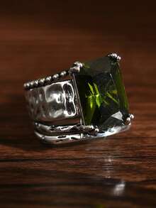 1pc Vintage Boho Style Silver Tone Women's Ring, Suitable For Wedding, Engagement, Commitment, Daily Wear - Olive Green - View 2