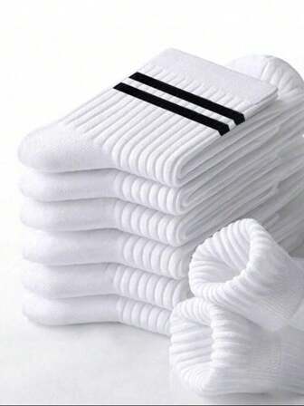 10Pairs/6Pairs Black & White Striped Thick Mid-Calf Socks, Comfortable Breathable Business & Casual Socks, Odor-Resistant Sweat-Absorbing Versatile Sport Socks, Shark Series Soft, Lightweight, Odor-Resistant Sports Socks For Men & Women, Suitable For Daily Wear, Back To School, Fall