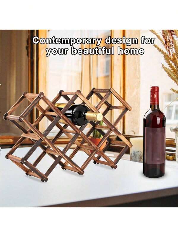 1pc Wooden Wine Rack, 3/5/6/10 Bottles Capacity Stackable Wine Storage Shelf Countertop, No Assembly Required Foldable Tabletop Independent Wine Bottle Display Holder, For Home Kitchen Bar Cabinet