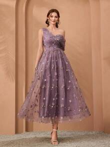 Mgiacy、新品、单肩、浪漫、3D花卉、刺绣、不对称、优雅、伴娘礼服、褶饰、淡紫色、长裙