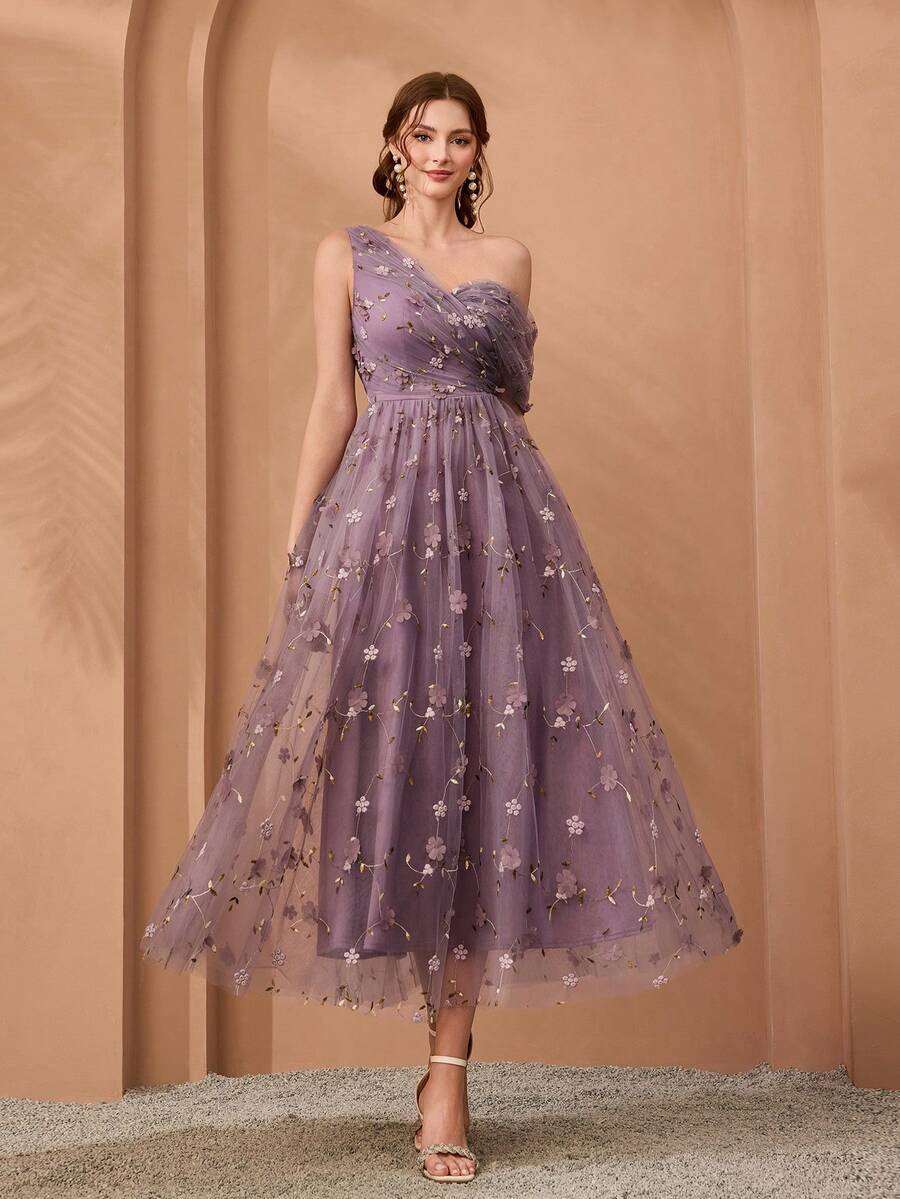 Mgiacy、新品、单肩、浪漫、3D花卉、刺绣、不对称、优雅、伴娘礼服、褶饰、淡紫色、长裙