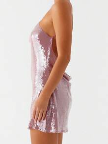 Women Mini Dress Sequins Sleeveless Spaghetti Strap Dress Summer Fashion Backless Dress - Màu tím - Xem 3