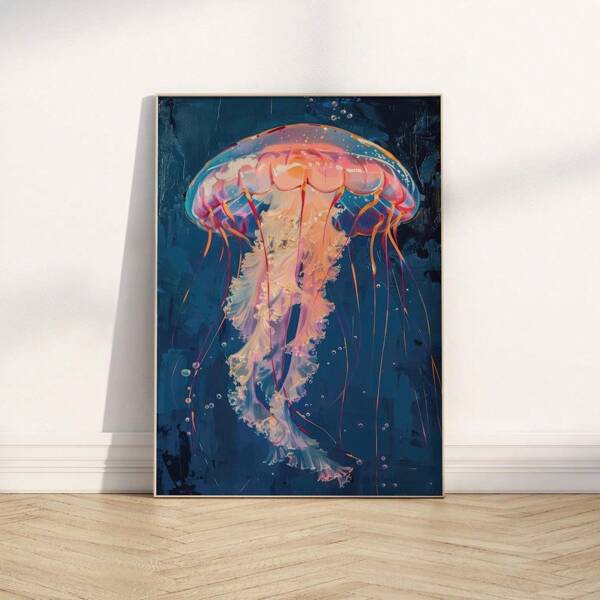 1pc, Wall Arts, Vintage Posters, Preppy Jellyfish Wall Art, Y2K Jellyfish Print, Funky Room Decor, Vintage Pink And Navy Poster, Girly Marine, Living Room Decor, Bedroom Decor Aesthetic, Housewarming Gift, Unframed