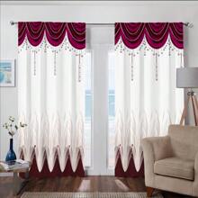 2pcs Elegant Red & White Art Deco Curtains - Durable 100% Polyester Fabric With Decorative Border, Light-Filtering For Living Room, Bedroom, Kitchen, Bathroom Decor (Rod Not Included), Kitchen Window Treatment | Decorative Curtains | Easyinstall Curtains, Curtains For Living Room