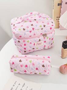 1 Peça/Conjunto Bolsa de Maquiagem com Estampa Fofa de Urso Colorido, Bolsa de Higiene Pessoal de Grande Capacidade com Alça, Bolsa de Embreagem Portátil com Estampa de Listras, Bolsa de Cosméticos Casual Octogonal para Mulheres, Mini Organizador de Pincéis de Maquiagem, Bolsa Pequena de Cosméticos, Essenciais de Viagem para Férias, Volta às Aulas, Bolsa Escolar, Bolsa de Viagem para Mulheres