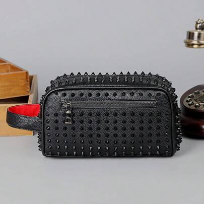 Bolsa clutch masculina com design de rebite preto, material PU, grande capacidade, com zíper, bolsa de pulso adequada para deslocamento diário e presente de feriado