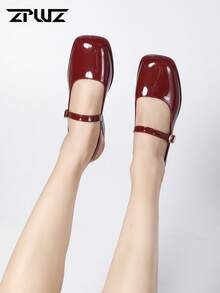 女士时尚浅金色镜面金属玛丽珍鞋，适合春季通勤、约会、聚会、度假，简约系带平底凉鞋。新款水晶约会高端时尚纯色高跟凉鞋，大码女鞋 - 酒紅色 - 查看 3