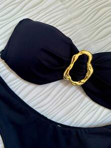 Black Strapless Bikini Top With Removable Padded Cups Elegant Casual Knot Ring - Black - View 8