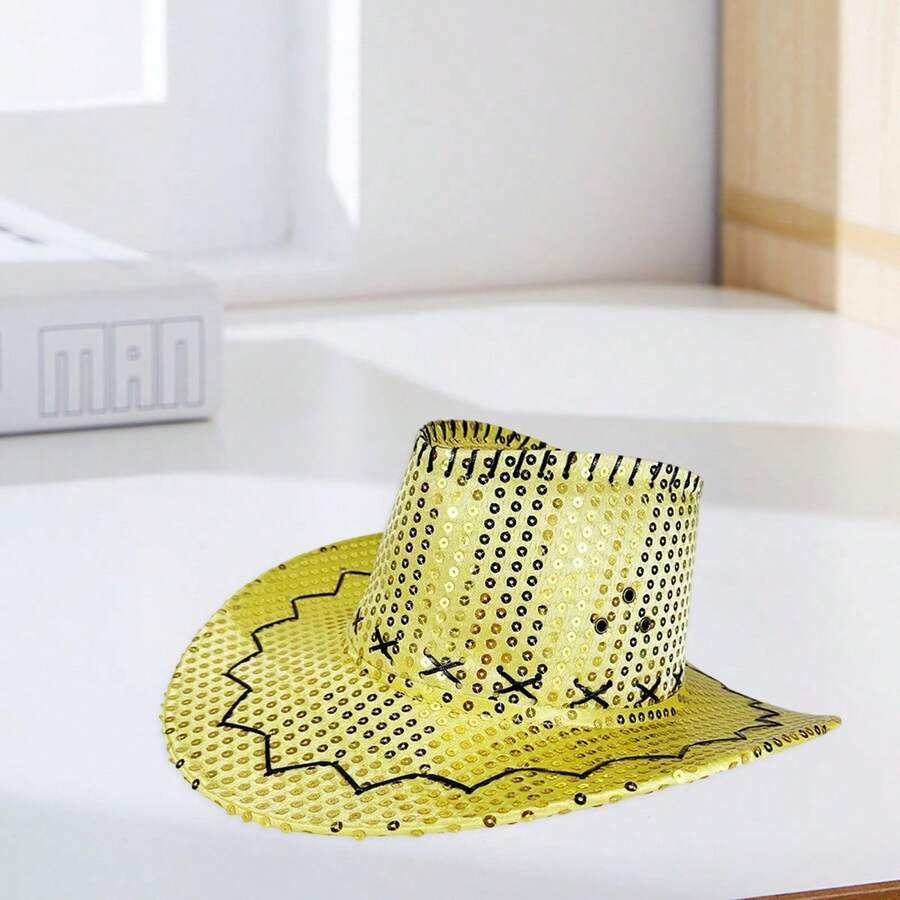 Sequin Cowgirl Hats For Women Men Glitter Party Western Hat Wide Brim Cowgirl Hat With Bright Color - Yellow - View 1