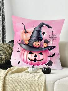 1 Stück rosa Halloween Kissenbezug, Kürbislächeln Geist Hexenhut Muster Kissenbezug, waschbar, Halloween Dekoration, Heimdekoration, Halloween Party Zubehör, Halloween Geschenk, Festliche Atmosphäre Requisiten, Frohe Halloween, Party Favors, Raumdekoration, Feiertagsdekoration, Festliche Dekoration