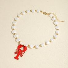 3-Piece Set Cute Seaworld Style Lobster Beaded Necklace Earrings Set, Fashion Seaside Creature Pendant Necklace Earrings, Suitable For Summer Holiday Wear, Adjustable Necklace For Women's Daily Beach Vacation Accessory (Handmade, Color & Design May Vary Slightly)