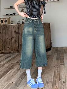 Quần jeans ống rộng 3/4 kiểu Mỹ, quần ống đứng dáng suông thoải mái, phong cách retro, dành cho nữ. - Màu xanh lam - Xem 4
