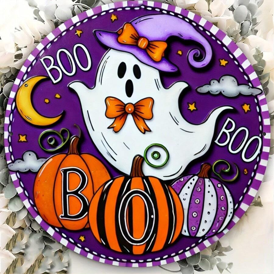 20x20cm（7.8x7.8 英寸）2D 印刷金属牌匾 - 复古万圣节墙壁装饰，带有鬼魂、南瓜和女巫帽设计，适用于门廊、房间、窗户、墙壁、车库、谷仓、酒吧、咖啡厅 - 完美的节日礼物 - 彩色 - 查看 1