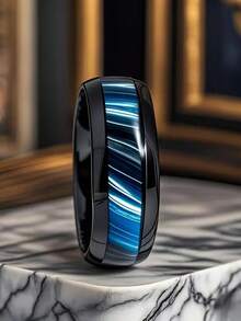 8mm Black Stainless Steel Ring With Inlaid Blue Tiger Eye Stone - Modern Fashion Design, Valentine's Gift, Engagement Ring, Wedding Band Or Casual Wear, Technically Inspired Design - Black - View 3