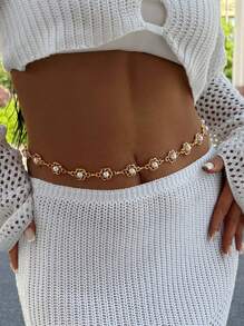 1 peça elegante corrente de cintura feminina com decoração floral e pérola, adequada para uso diário, presentes, festas e decoração de joias para banquetes