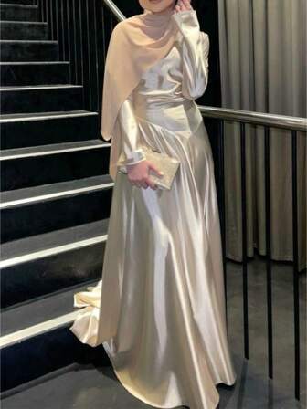 Elegante abito lungo da donna a maniche lunghe, collo tondo, in tessuto, adatto per occasioni di festa