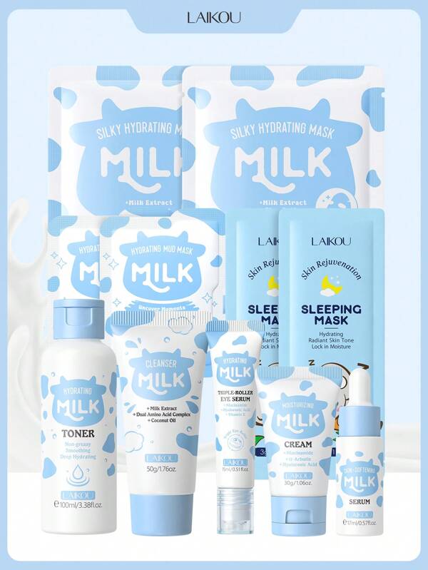 Juego de cuidado de la piel hidratante LAIKOU Milk Glowing, (Máscara de dormir rejuvenecedora 3ml *2, Tónico hidratante con leche 100ml, Suero suavizante con leche 17ml, Limpiador con leche 50g, Máscara hidrante sedosa con leche 25g, Máscara de barro hidratante con leche 5g*2, Suero para ojos triple rodillo hidratante con leche 15ml, Crema hidratante con leche 30g) Caja de regalo para cuidado de la piel hidratante y nutritiva, ideal para viajes, camping, senderismo, escalada, al aire libre