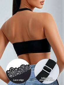 Women's Sexy Lace Neck Plunge Bra Front Closure Seamless Bralette Black Backless Contrast Mesh Lingerie For Women Adjustable Halter Underwear Wireless Halter Bra Top For Evening Events And Weddings