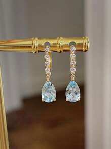 2 Stücke/Set S925 Sterling Silber Kubikzirkonia Aqua-Blau Wassertropfen Anhänger Ohrringe, elegant vintage, geeignet für den täglichen Gebrauch von Frauen, Festival-Partys, Geschenk
