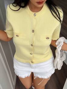 DEEKA Summer New Arrival Women Fashion Minimalist Versatile Short Sleeve Knit Top - Yellow - View 2