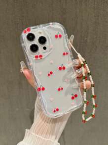 1pc Cherry Heart Design Mobile Phone Case & Beaded Lanyard, 1pc Transparent Shockproof Wave Pattern Phone Protective Cover, Fit For IPhone 11 12 13 14 15 16 Pro Max Mobile Accessories