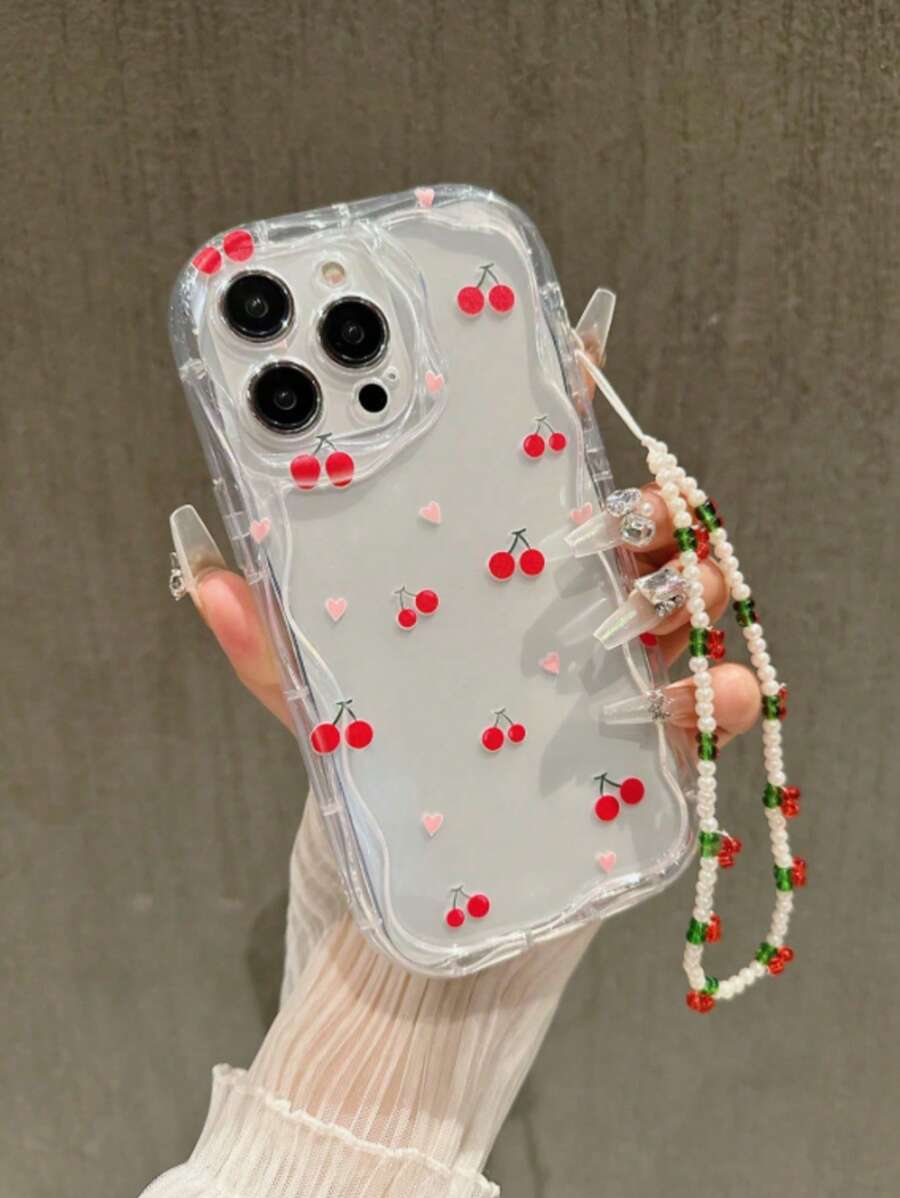 1pc Cherry Heart Design Mobile Phone Case & Beaded Lanyard, 1pc Transparent Shockproof Wave Pattern Phone Protective Cover, Fit For IPhone 11 12 13 14 15 16 Pro Max Mobile Accessories