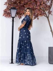 Vestido elegante longo feminino estampa manga curto - Azul Marinho - Visão 3