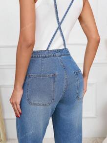 25 AW Automne Vêtements Femmes Salopette en jean décontractée à dos croisé et jambes larges avec bretelles réglables et grandes poches arrière, parfaite pour les vacances, les sorties et les tenues quotidiennes