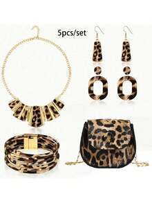 5件套豹纹首饰套装，女士合金耳环、手链、流苏吊坠项链和零钱包 - 性感街头风配饰，适合日常佩戴、度假和所有季节，休闲和派对场合皆宜。