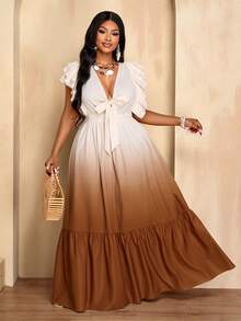 BIUBIU Sexy & Elegant Plus Size V-Neck Long Dress, Random Floral Pattern, Vacation - Apricot Brown - View 2