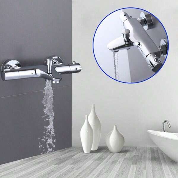 Badewannenarmatur Thermostat, Duscharmatur Edelstahl Mischbatterie Wasserhahn Bad Chrom, Duscharmatur Verbrühschutz 20-50℃, 2 Wasserauslässen mit 38 °C Sicherheitstaste