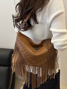 时尚复古皮革斜挎包，波西米亚风格单肩包，流苏铆钉十字装饰方形钱包休闲斜挎包，适合旅行和日常使用，便携式商务工作挎包单肩包流浪汉流苏斜挎包小手提包