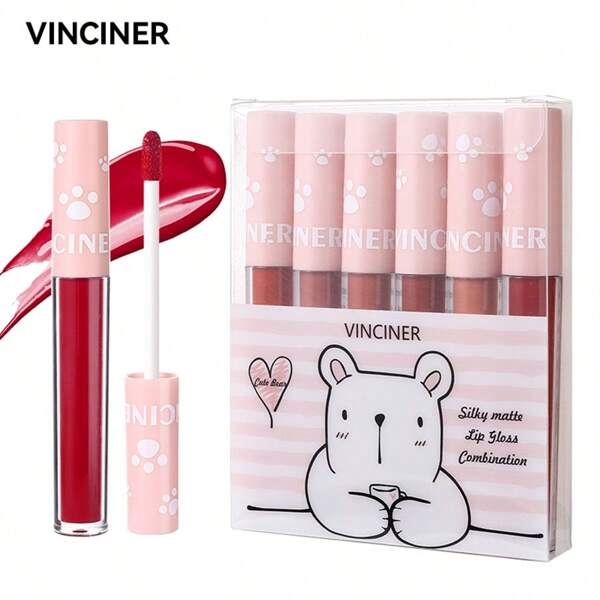 VINCINER 6pcs Set Matte Lip Gloss - Cute Cartoon Bear Design Matte Velvet Lip Tint, Non-Sticky, Moisturizing Lip Gloss, Affordable Daily Makeup For Students And Women