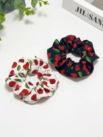 2pcs/3pcs Sweet & Elegant Fabric Cherry Print Scrunchies, Ponytail Holders Hair Accessories, Suitable For Beach, Daily Hairstyles, Bohemian Cute Design ,Head Piece ,Hair Ties Hairbands