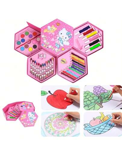 Sanrio طقم لون 46 قطعة هلو كيتي مجموعة رسم ملون مع رف دوار، مناسب للمدرسة ولوازم المكتب ومستلزمات الفن لاستخدامها يوميا، هدايا موسم المدرسة (بعض الأجزاء قد تكون عشوائية)، لوازم مدرسية، العودة إلى المدرسة