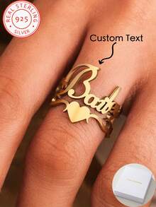 One Piece 925 Silver Custom Adjustable Name Ring, Romantic Stainless Steel Heart Ring For Weddings And Valentine's Day