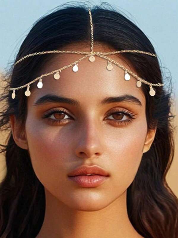 1 peça elegante faixa de cabeça ondulada com lantejoulas vintage e borla - perfeita para festas e feriados, acessórios de cabelo de metal para mulheres, disco redondo, quantidade aleatória, corrente de cabelo, joias para cabeça, peças de joia para cabelo, corrente de videira para cabelo