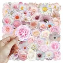 50 Stück transparente Aufkleber, Blumen Aufkleber, Pflanzen Aufkleber, dekorative Aufkleber, rosa Aufkleber, Vinyl wasserfeste Aufkleber, ästhetische Laptop Aufkleber, Skateboard Aufkleber, Wasserflasche Aufkleber, Notizbuch Aufkleber, Schulmaterial, Schulanfang