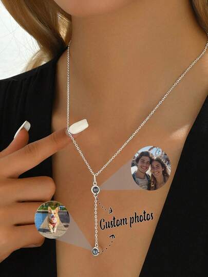 Customized Double Photo Projection Necklace, Stainless Steel Material Personalized Pendant, Y-Shaped Design, Elegant Jewelry Gift For Women, Suitable For Daily Wear, Anniversary, Mother's Day, Birthday, Party, Graduation, Prom, Christmas, Valentine's Day