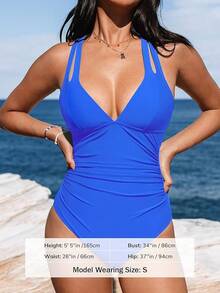Women's Swimsuit Tummy Control Deep Double Straps Crisscross Back Tie Bathing Suit, 2025 Swimwear - 皇家藍 - 查看 4