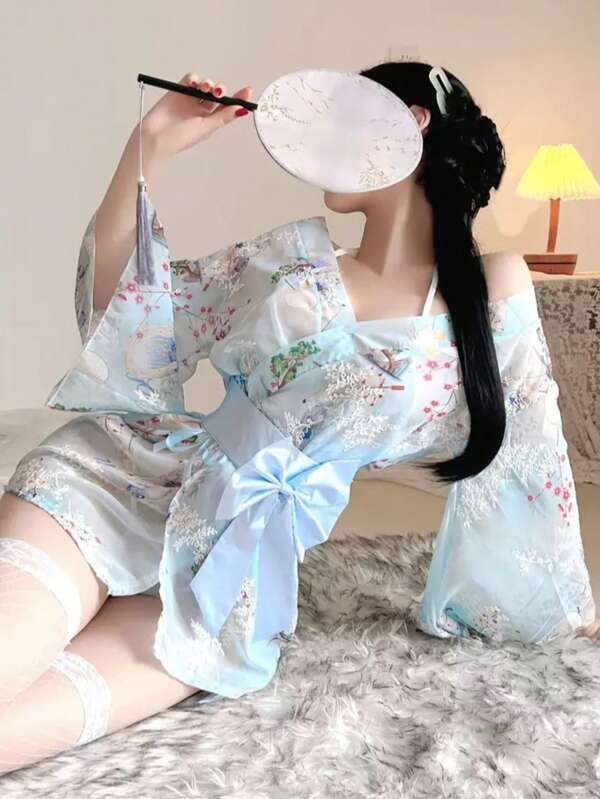 Sexy Dessous Damen Kimono Robe, transparenter Bademantel, Yukata, Cosplay Schleife, japanischer Kimono Hausanzug